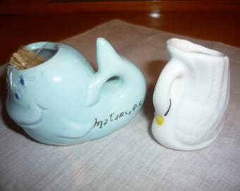 2 Vintage- ceramic tooth-pick - nautical them - Whale and Swan