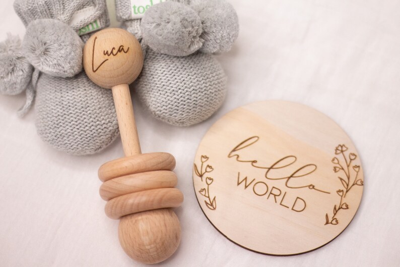 personalised wooden baby rattle