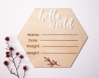 Wooden birth announcement | Hello world | I'm here | Newborn announcement | Newborn gift | Baby shower | Birth details | Baby gift