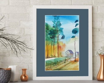 Original Watercolor Art Painting Watercolor Autumn landscape. Painting Original Art notdigital Real Watercolor Painting forest village