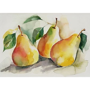 Tre Pere Acquerello Originale Arte Acquerello Pere gialle Dipinto Arte Originale Vero Acquerello Dipinto Natura Morta Frutta