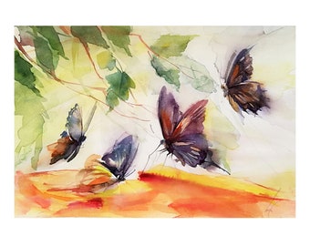 Original-Aquarell-Kunstgemälde, Aquarell-Schmetterlinge und orangefarbenes Gemälde, Original-Kunst, nicht digital, echtes Aquarell-Gemälde, Schmetterling