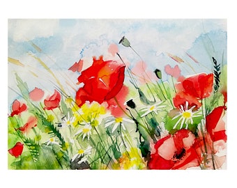 Original Aquarell Landschaft Gemälde Original Mohnfeld Kunst Aquarell Feld Wildblumen Natur Original Gemälde Aquarell Kunst