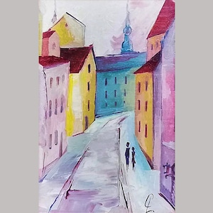 Old town Riga Old street after rain People in town Modern Abstract Art Original Painting Art Canvas Oil Painting Cityscape Framed Painting