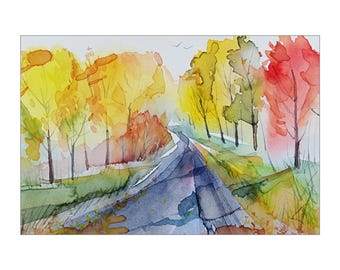 Autumn road landscape Wall Art Vibrant Fall Colors Fall foliage Vibrant leaves magic Original Watercolor smal Painting Modern abstract art