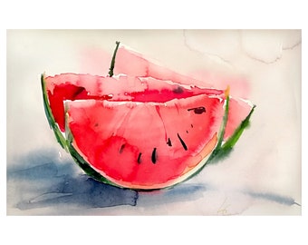 Original Aquarell Kunst Gemälde Aquarell rote Wassermelone Gemälde Original Kunst nicht digital Echte Aquarell Malerei Stillleben Früchte