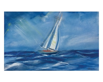 Yate en el mar. Pintura original de paisaje marino en pastel. Velero. Acuarela. Arte en pastel. Pintura de barco marino. Arte de pared. Arte de paisaje. Regalo para él.