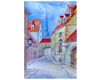 Pintura al óleo original de la antigua Riga, paisaje urbano al óleo, pintura artística de Riga, arte de pared, pintura de arte original, arte de pared enmarcado