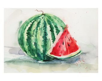 オリジナル水彩スイカ絵画、植物水彩画、キッチンウォールアート