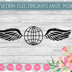 May include: Black and white silhouette of a globe with wings, representing the insignia for an aviation electrician's mate. The image is on a woodgrain background.