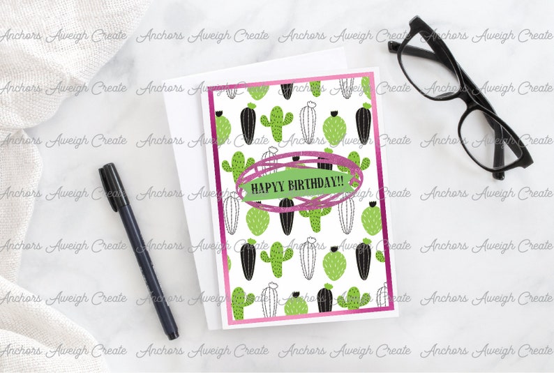 May include: A white card with a pink border and a green and black cactus pattern. The card has a green banner with the text "HAPPY BIRTHDAY!!" in black.