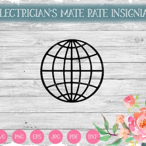 May include: Black and white silhouette of a globe on a white wood background. The text "ELECTRICIAN'S MATE RATE INSIGNIA" is at the top of the image.  The image is surrounded by a light blue border.
