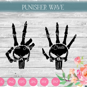 Puede incluir: Silueta negra de dos manos formando un signo de la paz y una ola, cada una con un diseño de calavera. El texto "PUNISHER WAVE" está en la parte superior. La imagen incluye iconos de tipo de archivo: SVG, PNG, EPS, JPG, PDF y DXF.
