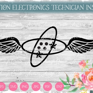 May include: Black and white vector graphic of an aviation electronics technician insignia. The insignia features a stylized atom with wings on either side. The atom has four dots in the center and a star on each side.