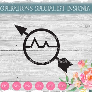 May include: Black and white silhouette of a circle with a wavy line inside and an arrow pointing to the right. The text "OPERATIONS SPECIALIST INSIGNIA" is above the image.