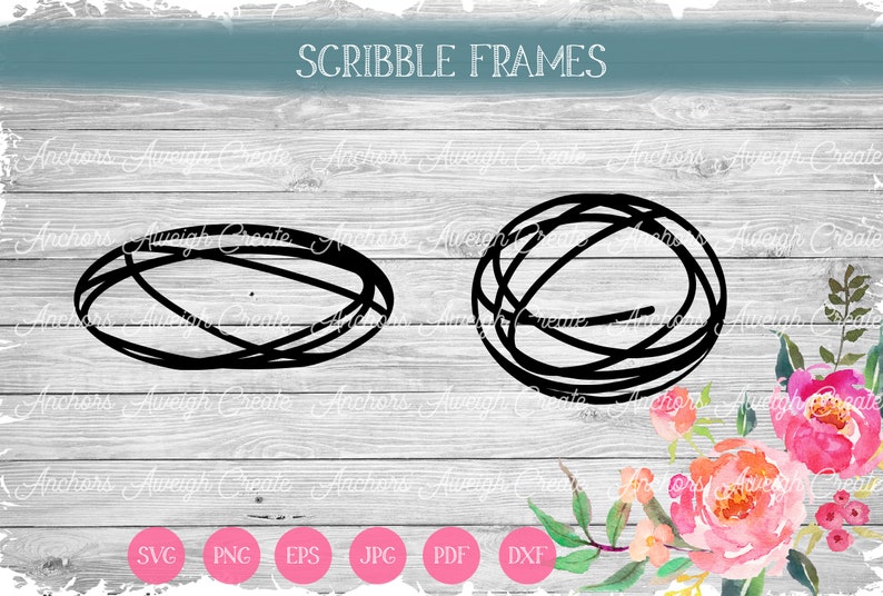 May include: Two black scribble frames, one oval and one round, on a white wood background. The text "SCRIBBLE FRAMES" is at the top of the image.