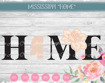 May include: A black and white graphic of the word "HOME" with the state of Mississippi outlined in peach replacing the "I". The graphic is surrounded by pink and white watercolor flowers.