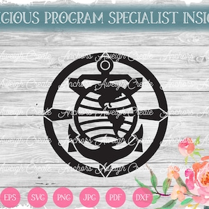 Op de afbeelding: Zwarte en witte silhouet van een anker met een wereldbol in een cirkel. Het anker heeft een kruis bovenaan. De tekst "RELIGIOUS PROGRAM SPECIALIST INSIGNIA" staat bovenaan de afbeelding.