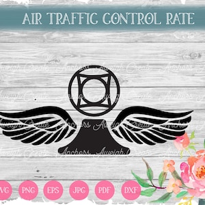 May include: Black and white silhouette of a radar tower with wings, representing air traffic control. The text "AIR TRAFFIC CONTROL RATE" is above the tower.