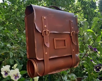Handcrafted Backpack Mailbox with Newspaper Holder, Vintage Gold Galvanized Steel Postbox