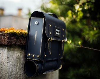Handcrafted metal mailbox, vintage backpack-style postbox with newspaper holder and personalized nameplate,