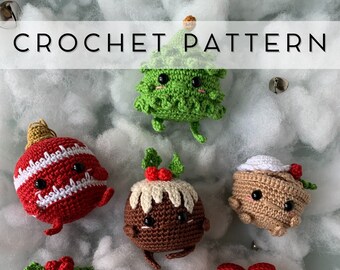 May include: Crochet pattern for six Christmas ornaments: a green Christmas tree, a red and white striped ornament, a brown and white pudding, a brown and white Yule log, a brown and white cake with white frosting, and a yellow gift box with a red bow.