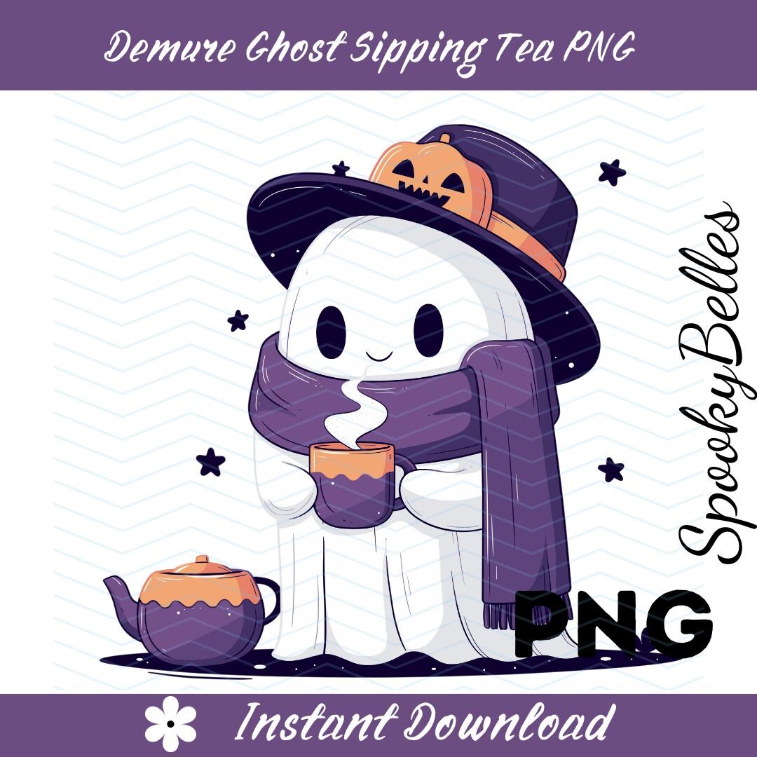 Demure Ghost Drinking Tea PNG, Very Cutesy and Mindful Ghostly Tea ...
