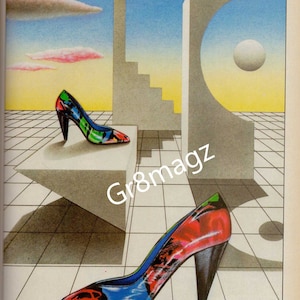 1986 Escaneo digital de alta resolución de Pancaldi zapatos de tacón alto ilustrado vintage impresión anuncio posmoderno arte de pared abstracto Ilustración de la década de 1980