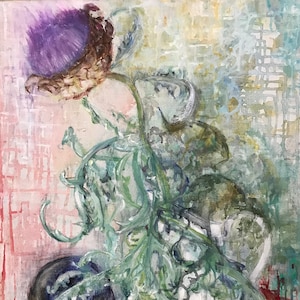 Large original oil painting, vintage still life by Lise De La Pouyade &quot;Artichaut en Fleur&quot; 1981, framed and signed