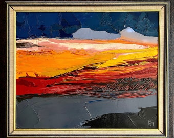 Very large oil painting, original vintage abstract landscape by Patrick Kiro, framed and signed