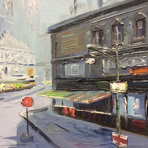 Original vintage oil painting “Blue city” by Morton (XXth century), framed and signed