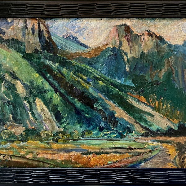 Original oil painting, vintage landscape by Alice Thevin (1862-1937), framed and signed