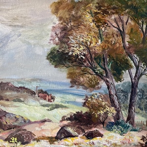 Pintura al óleo antigua, gran paisaje original de Glenn Ranney (1896-1959), enmarcada y firmada.