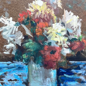 Vintage oil painting original with flower bouquet, framed