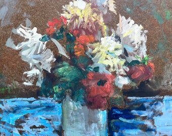 Vintage oil painting original with flower bouquet, framed