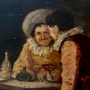 Pintura al óleo antigua "En la taberna" de un artista francés (siglo XIX), enmarcada y firmada.