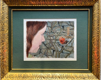 Original oil/gouache painting, illustration for a book, framed