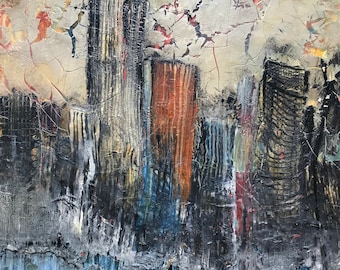 Very Large Oil Painting, Vintage Original Urban Abstract, "New York City" by Ronald Mallory (1939-2021), signed.