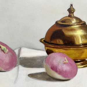 Oil painting, original vintage still life by Y. Millecam, framed and signed