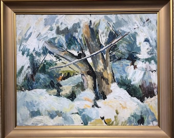 Pintura al óleo vintage de árboles nevados, paisaje enmarcado, obra de Franklin White