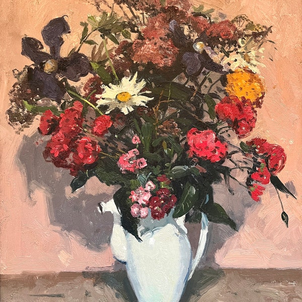 Vintage Blumenölgemälde, Georges Lambillotte, gerahmt impressionistische Kunst