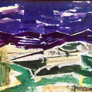 Duży obraz olejny, abstrakcyjny pejzaż vintage autorstwa Jacques&#39;a Maesa (1905-1968), oprawiony i podpisany