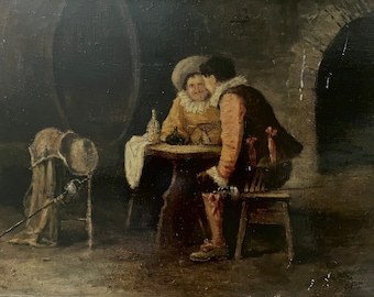 Pintura al óleo antigua "En la taberna" de un artista francés (siglo XIX), enmarcada y firmada.