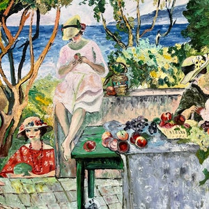 Vintage oil painting by Jordan, reproduction of “Meal on the terrace” by Henry Lebasque (1865-1937),  signed