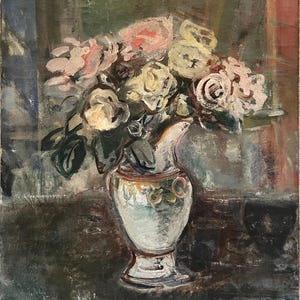 Antique oil painting with flower bouquet “Roses from My Garden” by Philippe Le Molt (1895-1976), signed