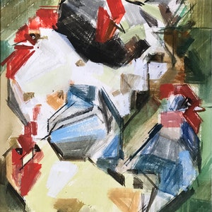 Dipinto cubista originale d'epoca con galli, incorniciato e firmato