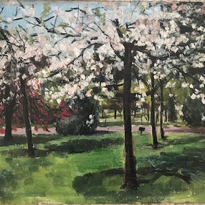 Antique oil painting, original painting &quot;Blossom at Kensington Garden&quot; by Peter Collins, signed