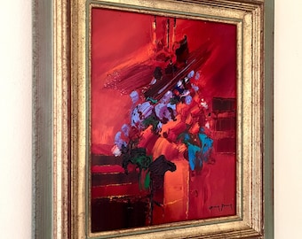 Original abstract oil painting “Ambience Rouge” by C. Ferrer (b. 1946), framed and signed