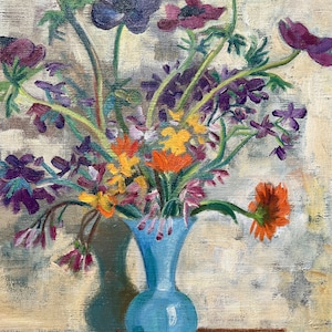 Original vintage oil painting still life with flower bouquet by M.G. Poncelet (1879-1978), framed and signed