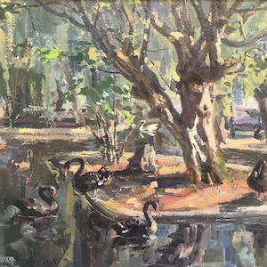 Vintage oil painting, original landscape “Black swans” by Nikolai Sokolov (1903 - 2000), framed and signed